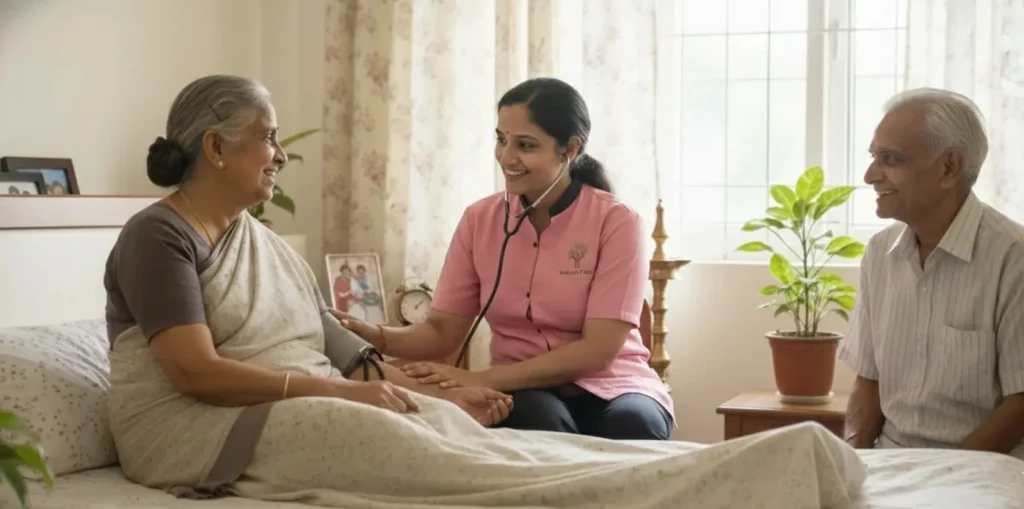 Trained home nurse from Season Two assisting an elderly couple in Kerala at their residence